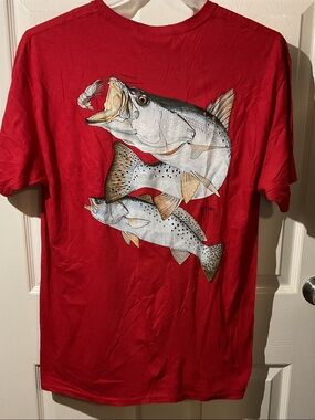 Guy Harvey Red Short Sleeve Tee with Striped Speckled Fish Graphic
